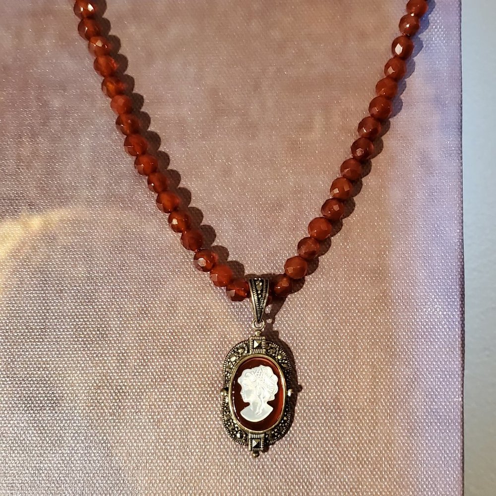Sterling Silver, Garnet Bead, Cameo Necklace